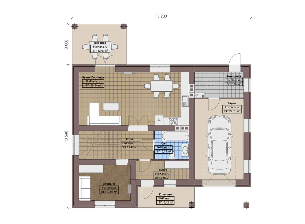 Планировка Одноэтажный дом с мансардой  F - 0323